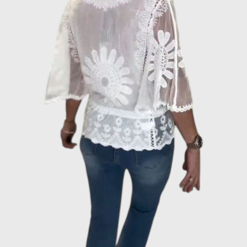 חולצת תחרה רקומה עם כנפי עטלף