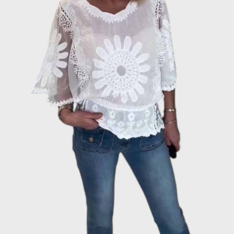 חולצת תחרה רקומה עם כנפי עטלף