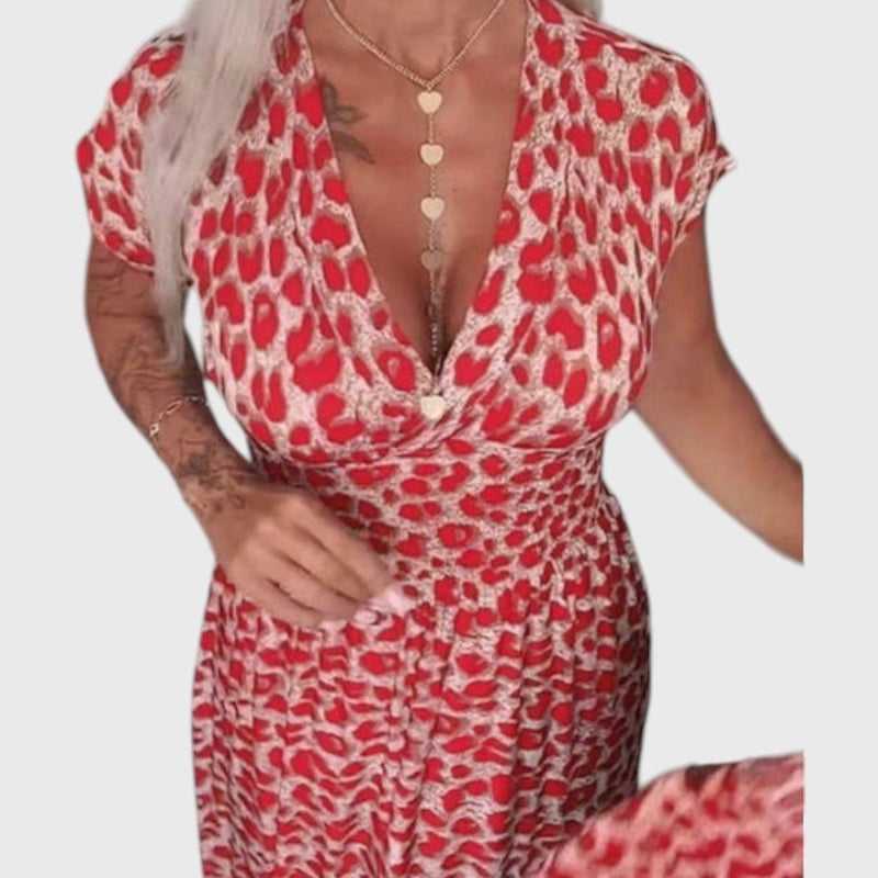 שמלת נמר אלגנטית עם צווארון וי