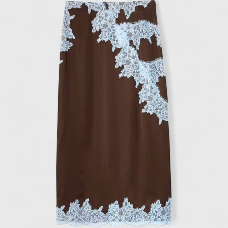 חצאית פאנל תחרה חומה וכחולה של אמית